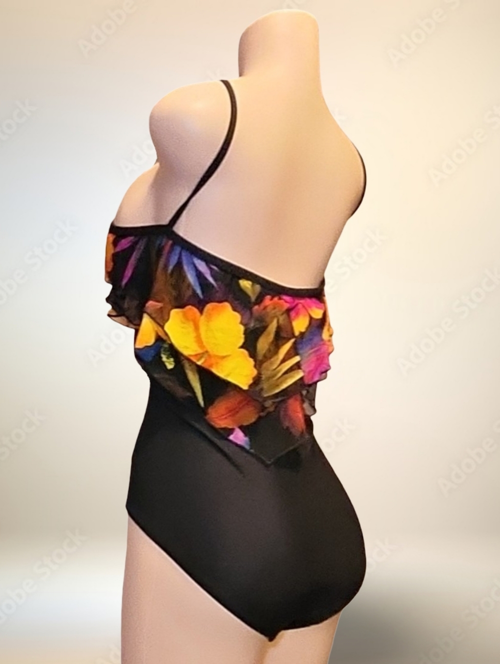Vintage Longitude Black Floral One Piece Swimsuit Plus Size 20W Spaghetti Strap - Picture 4 of 10